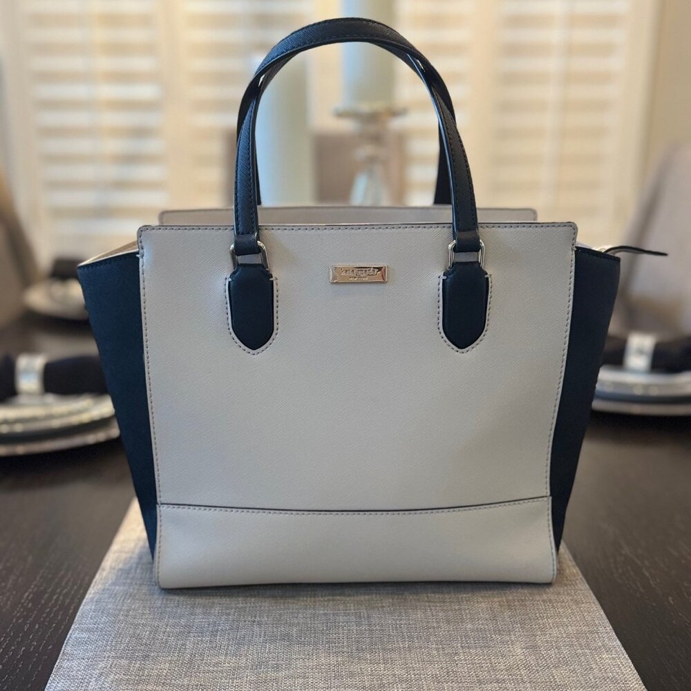 Kate Spade New York Classic Color Block Medium Satchel Leather Black and Ivory